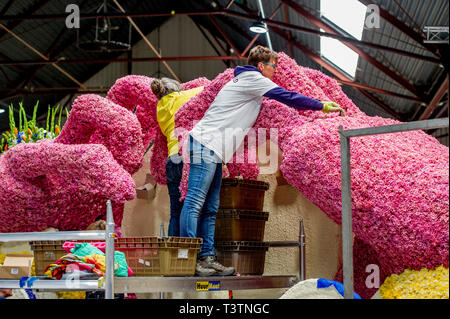 SASSENHEIM - Aufbau der flowercars für die flowerparade am Samstag copyrught Robin Utrecht Stockfoto