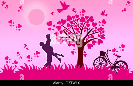 Romantische Illustration - zwei Enamored unter einem Liebe Baum in der Saison Frühjahr mit Hintergrund der rosa Farbverlauf Hintergrund. Paar in schöne rosa Garten. Stockfoto