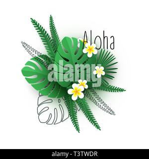 Aloha Hawaii tropische Pflanzen, Blätter und Blüten. Stock Vektor