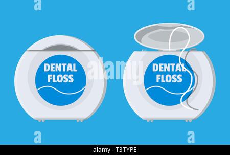 Zahnseide in Feld. Kunststoffbehälter mit Gewinde für Zahn. Oralcare Ausrüstung. Vector Illustration im flachen Stil Stock Vektor