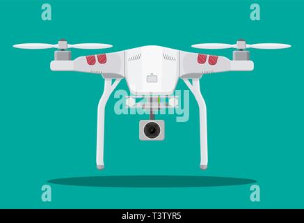 Ferngesteuerte Türentriegelung drone. Quadcopter drone mit Kamera für Foto oder Video. Zeitgenössische unbemannte Luftfahrzeuge. Vector Illustration in flachen Sty Stock Vektor