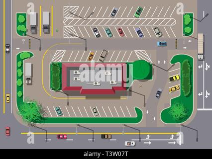 Fast food Cafe Restaurant und Parkplätze für Autos. Stadt Parkplatz mit verschiedenen Autos. Takeaway express Fenster. Parkplatz Zone Top View mit verschiedenen Landmaschinen Stock Vektor