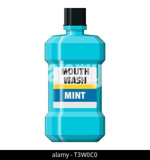 Mundwasser Plastikflasche. Mint Flüssigkeit zum Ausspülen Mund. Oralcare Ausrüstung. Vector Illustration im flachen Stil Stock Vektor