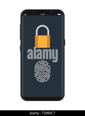 Smartphone mit Vorhängeschloss und Fingerabdruck-Taste gesperrt. Sicherheit, Zugang über den Finger auf Handy, Zulassung, Anerkennung der Eigentümer, Login, p Stock Vektor