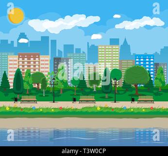 City Park und Teich, Holzbank, Straßenlampe, Abfallbehälter im Quadrat. Stadtbild mit Gebäuden und Bäumen. Himmel mit Wolken und Sonne. Freizeit in Summe Stock Vektor