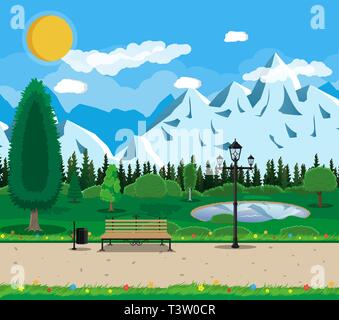 Mountain Park Konzept, Holzbank, Straßenlampe, Abfallbehälter im Quadrat. Rocky Mountains, den See und die Bäume. Himmel mit Wolken und Sonne. Freizeit in Summe Stock Vektor