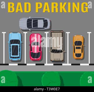 Stadt Parkplatz mit verschiedenen Autos. Genügend Parkplätze. Parkzone Draufsicht mit Fahrzeugen. Schlechte oder falsche Auto parken. Verkehrsregeln. Rul Stock Vektor