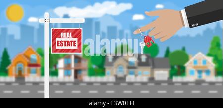 Immobilien Plakat anmelden. Hand des Agenten mit Tasten. Unscharfer Hintergrund mit eigenem Suburban House, Bäume, Sonne, Straße, Himmel und Wolken. Immobilien, Verkauf Stock Vektor