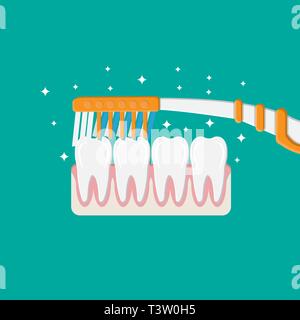 Zahnbürste reinigt die Zähne. Die Zähne putzen. Zahnärztliche Geräte. Hygiene und oralcare. Vector Illustration im flachen Stil Stock Vektor
