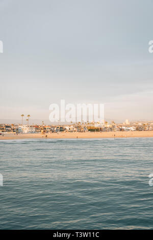 Blick auf den Strand vom Pier in Newport Beach, Kalifornien Stockfoto