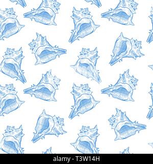 Seashell Hand gezeichnet nahtlose Vektor Muster. Weichtiere, Schalentiere, conch dekorative Gravur. Exotischen Meerestieren monochrom Skizze Hintergrund. Seashore Schneckenhaus. Verpackung Papier, Tapeten Design Stock Vektor