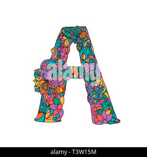 Blumen ein Schreiben Farbe Kontur Abbildung. Erste alphabet Symbol mit Blättern, Blüten doodle Zeichnung. Multicolor psychedelischen Blüten im Retro Style. Monogramm mit Batik Textur. Fantasy Garden Wirkung Stock Vektor