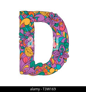 Blumen D schreiben Kontur Abbildung. Alphabet Symbol mit Blättern, Blüten doodle Zeichnung. Multicolor Phantasie blühen. Monogramm mit Farbe batik Textur. Isolierte clipart in psychedelischen Stil Stock Vektor