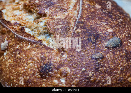 Knuspriges Brot von frisch gebackenem Sauerteigbrot Boule. Scheiben von sauerteigbrot auf Holzbrett. Gesundes Essen. Artisan Brot Krume Textur Stockfoto