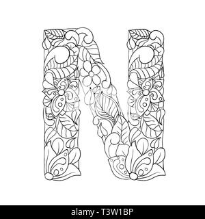 Florale N Brief outline Abbildung. Alphabet Symbol Skizze für Malbuch. Blätter, Blüten, Blütenblätter doodle Zeichnung. Monochromen linearen blühen. Monogramm mit schwarzen und weißen Batik Textur Stock Vektor