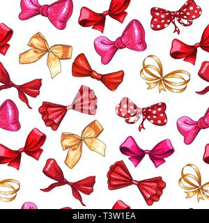 Bug Hand gezeichnet Vektor nahtlose Muster. Golden Gradient, Rot, Pink Ribbon Knoten Abbildung. Geschenk bowknots Zeichnung. Isolierte Haarfarbe Zubehör clipart. Urlaub Geschenkpapier, textile Design Stock Vektor