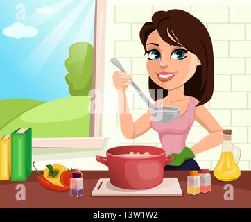 Schöne Frau kochen in Ihrer Küche. Süße Dame cartoon Charakter. Vector Illustration. Stock Vektor