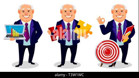 Fröhliche fett Geschäftsmann, der drei Posen. Geschäftsmann Comicfigur hält Laptop, hält zwei Stücke von Puzzle und hält Dokumente. Vektor illu Stock Vektor