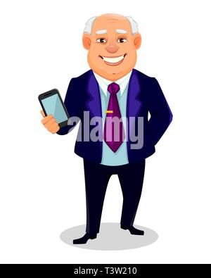 Fröhliche fett Geschäftsmann. Geschäftsmann Comicfigur hält Smartphone. Vector Illustration. Stock Vektor