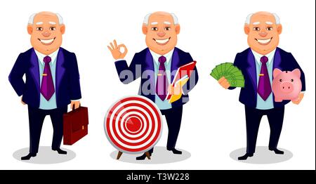 Fröhliche fett Geschäftsmann, der drei Posen. Geschäftsmann Comicfigur hält Aktenkoffer, hält Dokumente und hält piggy Bank und Geld. Vektor i Stock Vektor