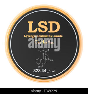 Lysergic Acid diethylamide (LSD) Symbol Kreis, 3D-Rendering auf weißem Hintergrund Stockfoto