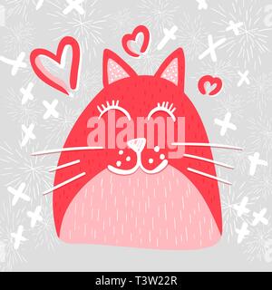 Süße Katze in Liebe vector Farbe Charakter. Im skandinavischen Stil Hand gezeichnet Abbildung. Haustier flache Zeichnung. Valentinstag, Romantik Grußkarte Designelement, Poster, T-shirt Design Stock Vektor