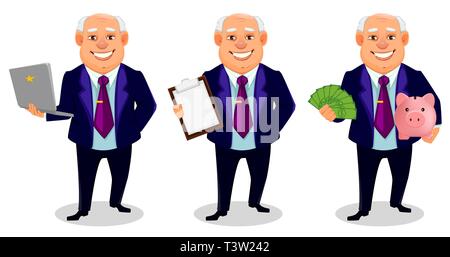 Fröhliche fett Geschäftsmann, der drei Posen. Geschäftsmann Comicfigur hält Laptop, hält die Zwischenablage und hält Sparschwein. Vector Illustration. Stock Vektor
