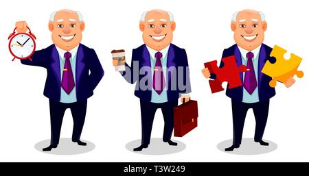 Fröhliche fett Geschäftsmann, der drei Posen. Geschäftsmann Comicfigur hält Wecker, hält Kaffee und hält Puzzle. Vector Illustration. Stock Vektor