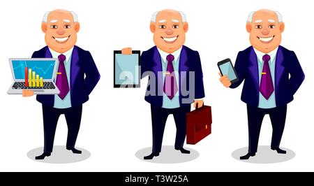 Fröhliche fett Geschäftsmann, der drei Posen. Geschäftsmann Comicfigur hält Laptop, Tablet-PC und Smartphone. Vector Illustration. Stock Vektor
