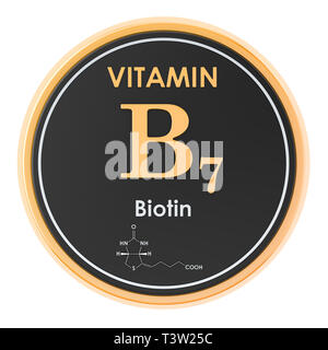 Vitamin B7, Biotin. Symbol Kreis, die chemische Formel, der molekularen Struktur. 3D-Rendering Stockfoto