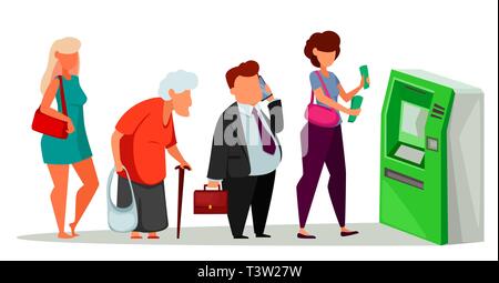 Die Menschen in der Schlange und warten Sie ATM zu verwenden. Warteschlange zu Automated Teller Machine. Vector Illustration Stock Vektor
