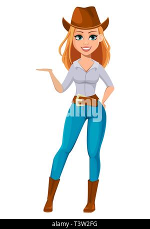 Junge hübsche Bauer Frau in Cowboyhut. Fröhliche Gärtner Frau cartoon Charakter etwas angezeigt. Vector Illustration auf weißem Hintergrund Stock Vektor