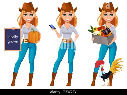 Junge hübsche Bauer Frau in Cowboyhut. Fröhliche Gärtner Frau Zeichentrickfigur holding Kürbis, Smartphone und Gemüse. Vektor Stock Vektor