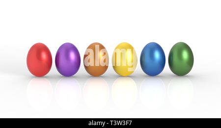 Bunte eier in einer Reihe auf einem weißen Hintergrund. Stockfoto