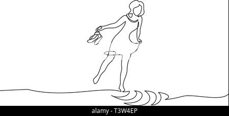 Kontinuierliche eine Linie zeichnen. Die Frau auf dem Wasser Gehen mit Schuhen in den Händen Vector Illustration Stock Vektor