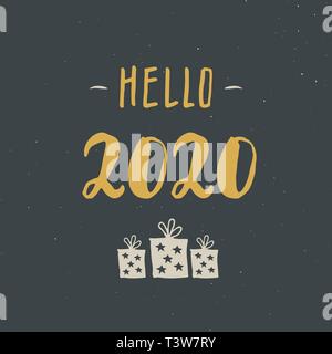 Neues Jahr Grußkarte, hallo 2020. Typografische Grüße Design. Kalligraphie Schrift für den Urlaub wünscht. Handgezeichneten Schriftzug Text Vector illustr Stock Vektor