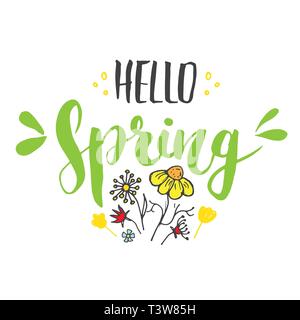 Hallo Frühling Kalligraphie Schriftzeichen handschriftlich unterzeichnen, Hand grunge kalligrafischen Text dargestellt wird. Vector Illustration. Stock Vektor