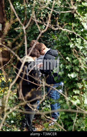 Jungs im Teenageralter bunking aus Schule in bewaldeten Gebiet zu verstecken und Rauch eine gemeinsame. North London. 11.03.2011. Stockfoto