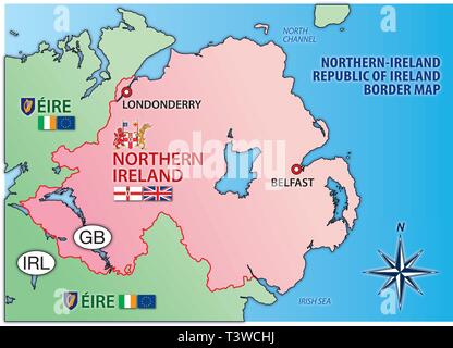 Nordirland und Irland Karte mit Rand, Flaggen und nationale Symbole, Vektor, Abbildung Stock Vektor