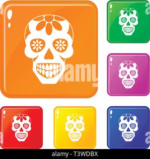 Sugar Skull, Blumen auf dem Schädel Icons Set Vector Farbe Stock Vektor