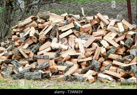 Ein Stapel von Platten Brennholz. Geerntete Holz für den Ofen. Stockfoto