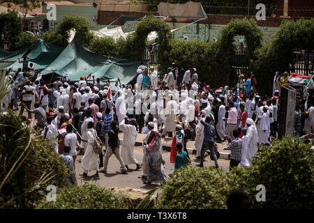 Khartum, Sudan. 12. Apr 2019. Sudanesische Demonstranten März gegenüber dem Verteidigungsministerium, die Bildung einer zivilen Regierung zu verlangen, einen Tag, nachdem das Militär die Macht übernahm und Lange verhaftet Präsident Omar al-Bashir. Quelle: dpa Picture alliance/Alamy leben Nachrichten Stockfoto