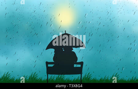 Paar Mitte Herbst regnerischen Tag bei der Bank liebe Abbildung sitzen. Bewölkter Himmel mit unscharfen Sonne. Blick auf Paar zurück unter Dach im Park sitzen. Stockfoto