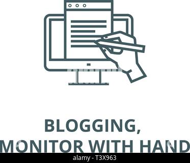 Blogging, Monitor mit hand Symbol Leitung, Vektor. Blogging, Monitor mit hand Umrisse Zeichen, Symbol, Abbildung Stock Vektor