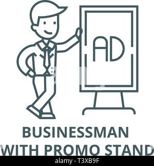 Geschäftsmann mit Promo stand Symbol Leitung, Vektor. Geschäftsmann mit promo Umrisse Zeichen stehen, Konzept, Symbol, Abbildung Stock Vektor