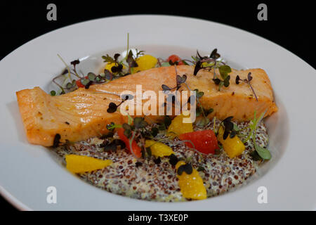 Gebackene atlantischen Lachs mit cremiger Quinoa und Citrus Segmente Stockfoto