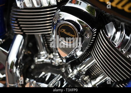 Indische Motorrad chrom Motor Montage Nähe zu sehen. Stockfoto