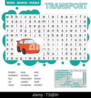 Word Search Puzzle für Kinder, transport Thema, Spaß Bildung Spiel für Kinder, Vorschule Arbeitsblatt Aktivität, Vector Illustration Stock Vektor