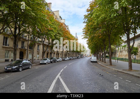 PARIS, Frankreich, 23. JULI 2017: leere Straße mit Bäumen und mit dem Auto im Sommer in Paris geparkt, Frankreich Stockfoto