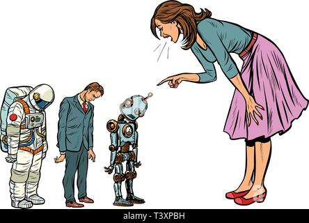 Die Frau schimpft mit Geschäftsmann, Raumfahrer und Roboter. Pop Art retro Vektor Illustration vintage Kitsch 50s 60s Stock Vektor